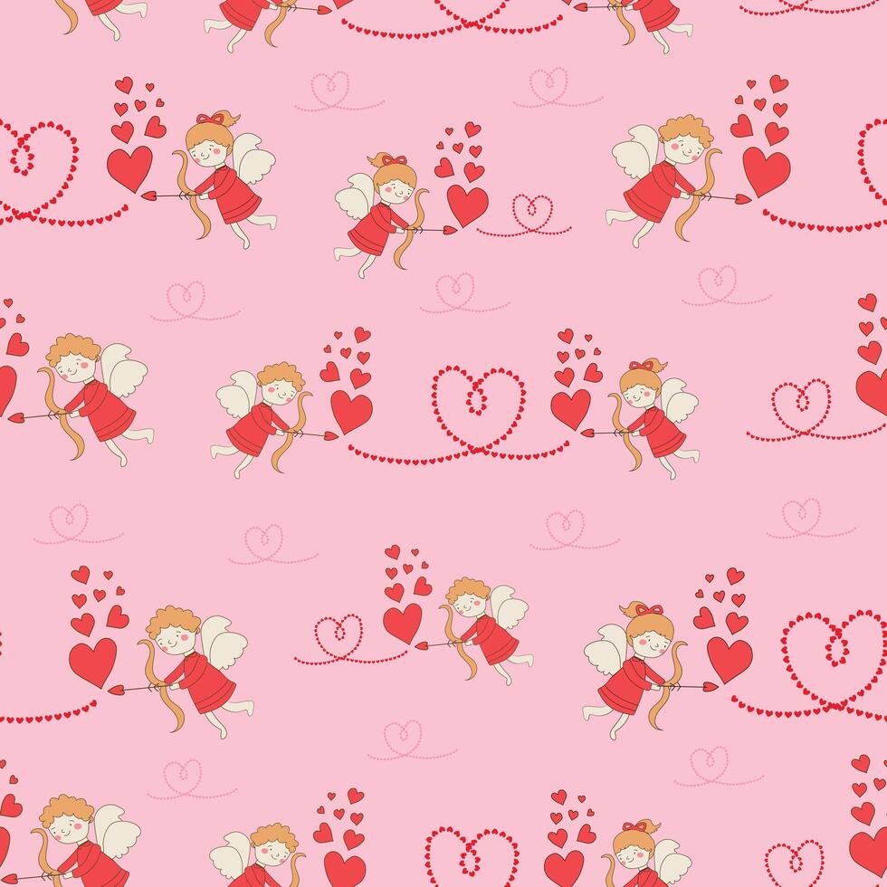 carino cartone animato San Valentino bosco animali Cupido angolo amore cuore rosa rosso senza soluzione di continuità modello tessile sfondo vettore illustrazione