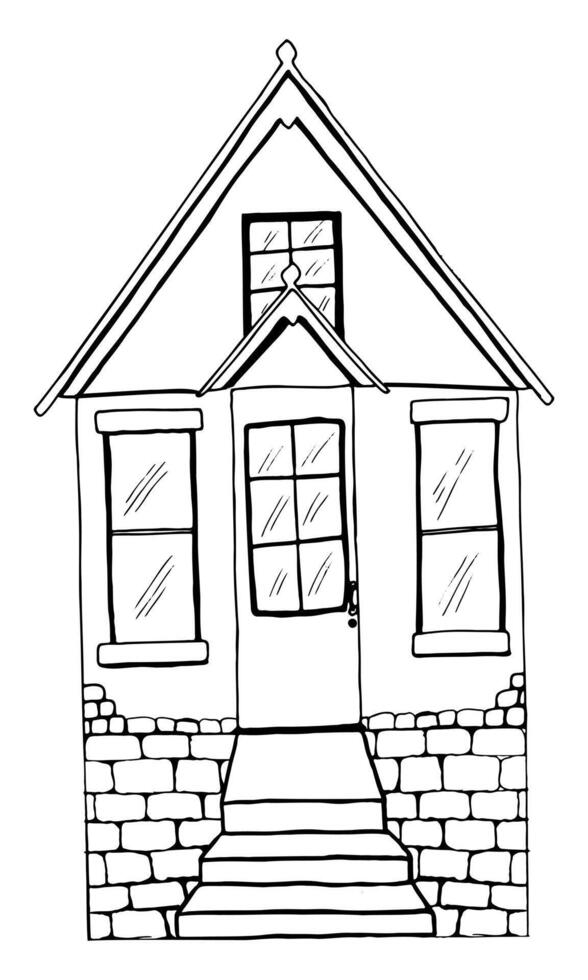 facciata di un' una storia Casa con un' scala nel scarabocchio stile con nero rivestimento vettore