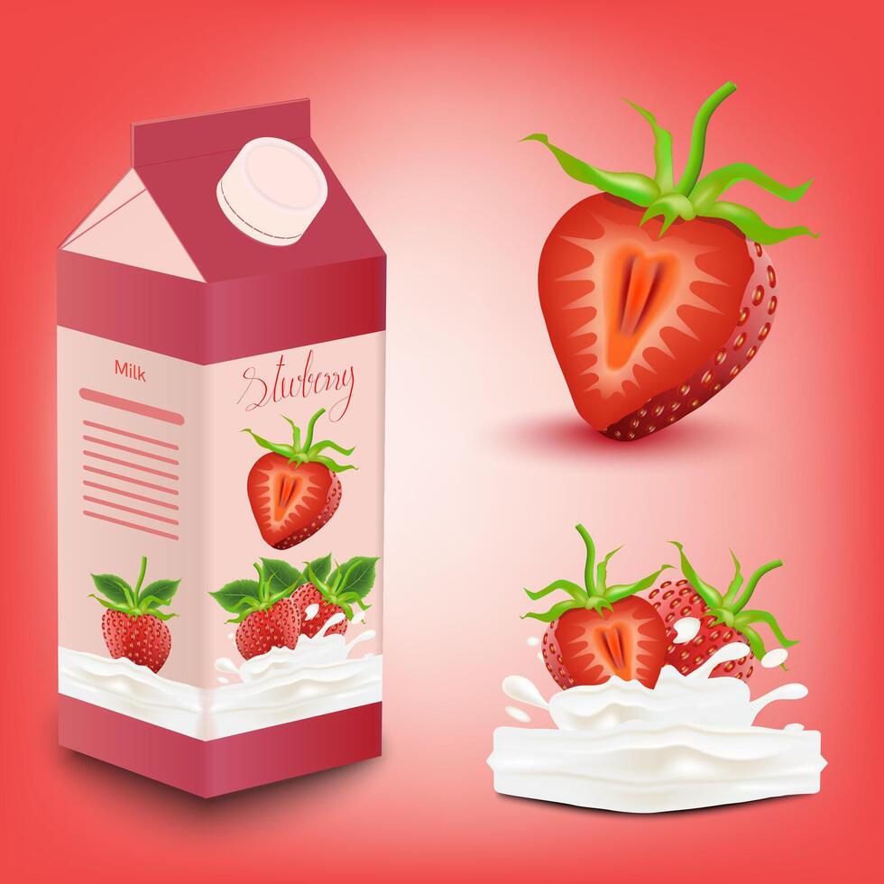 scatola di cartone di latte o fragola aromatizzato succo pacchetto. vettore illustrazione eps 10.