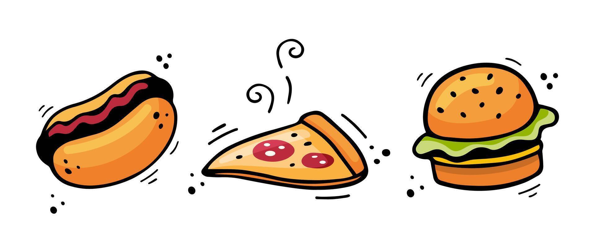 mano disegnato veloce cibo icone caldo cane, Hamburger, Pizza. schizzo di merenda elementi isolato su bianca sfondo. veloce cibo illustrazione nel scarabocchio stile. veloce cibo collezione. vettore