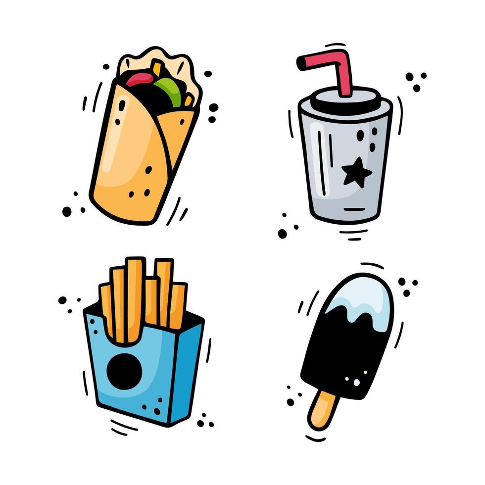 veloce cibo icone impostato - shawarma, burrito, francese patatine fritte, carta tazza con bere, ghiaccio crema. mano disegnato veloce cibo combo. comico scarabocchio stile. colorato spuntini disegnato con provato mancia penna. vettore illustrazione