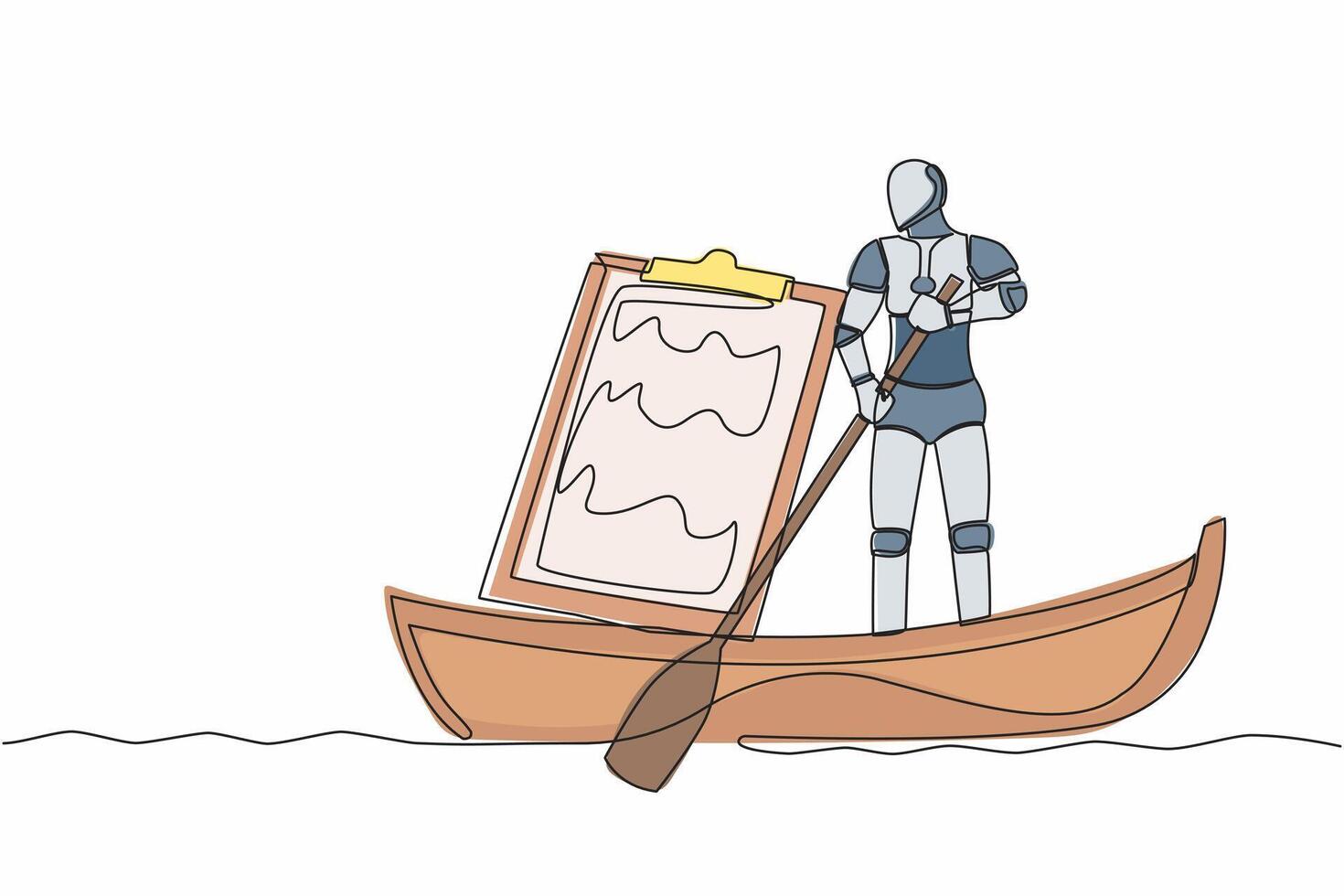 singolo continuo linea disegno robot andare in barca lontano su barca con clipboard. spedizione documenti. futuro tecnologia sviluppo. artificiale intelligenza. uno linea disegnare grafico design vettore illustrazione