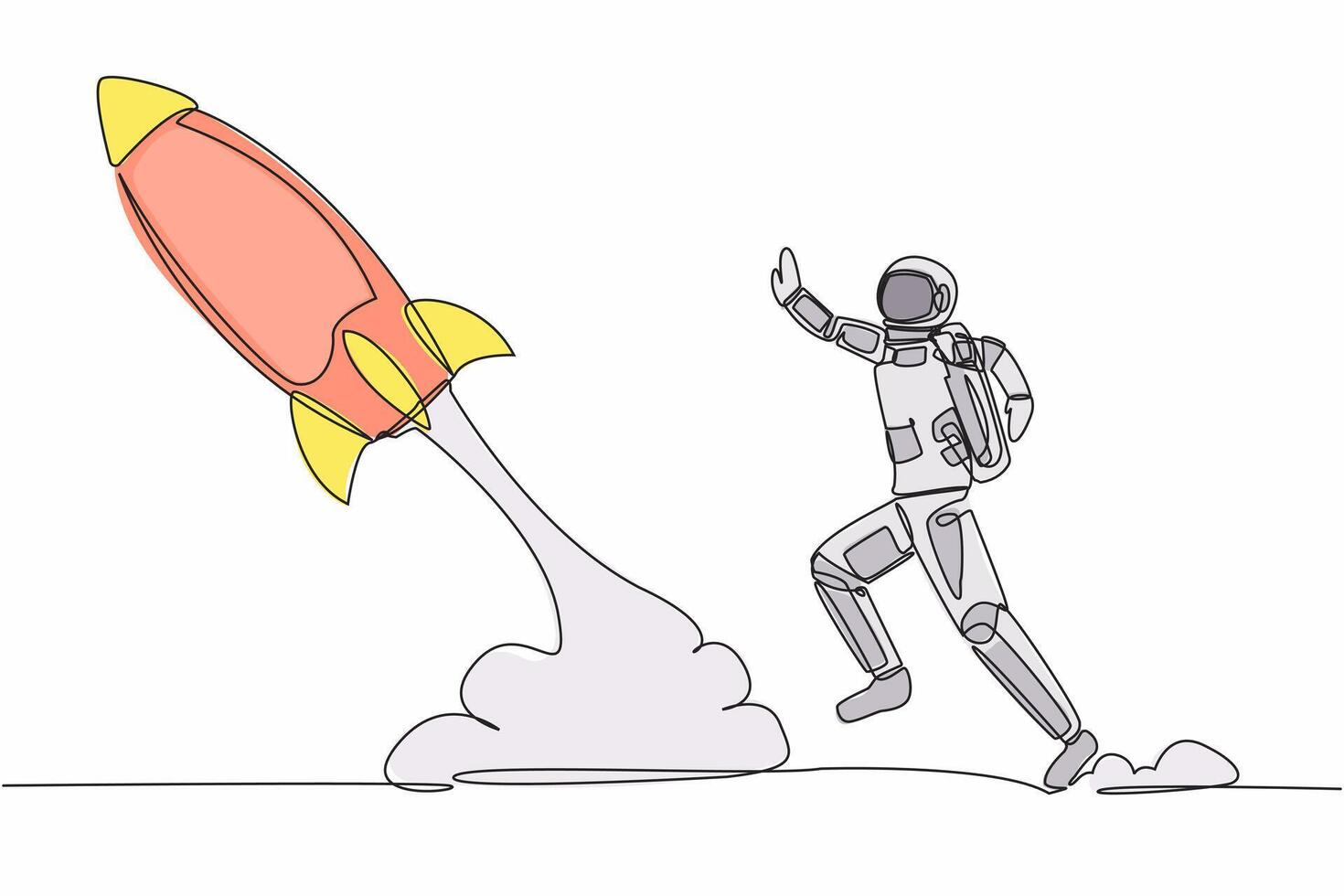 continuo uno linea disegno giovane astronauta correre chasing razzo prendere via nel Luna superficie. sinistra dietro a partenza indietro per terra. cosmonauta esterno spazio concetto. singolo linea disegnare design vettore illustrazione