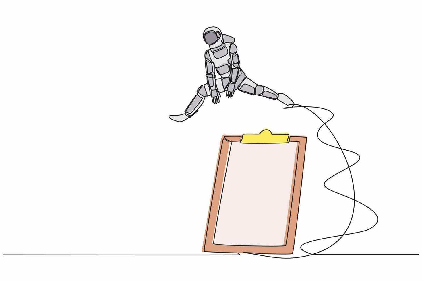 singolo continuo linea disegno astronauta salto al di sopra di clipboard. lista di controllo spazio spedizione sondaggio applicazione carta lenzuola documento. cosmonauta in profondità spazio. uno linea grafico design vettore illustrazione