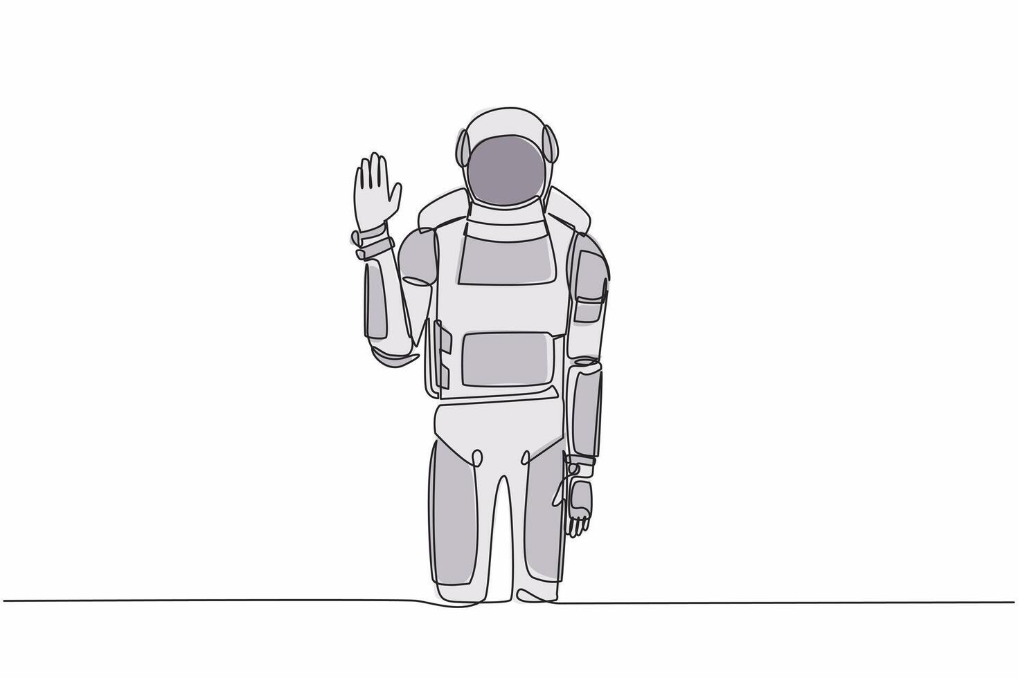 singolo continuo linea disegno giovane astronauta in piedi con palma come fermare segnale, restare, presa, rifiuto gesto. cosmonauta in profondità spazio concetto. dinamico uno linea disegnare grafico design vettore illustrazione