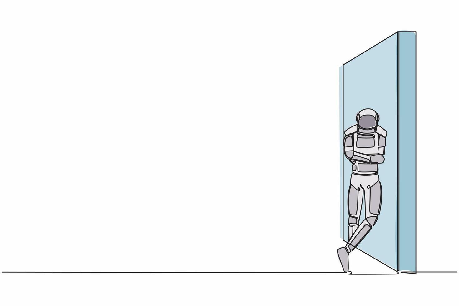 continuo uno linea disegno giovane astronauta in piedi e pendente contro parete nel Luna superficie. pensiero di spazio esplorazione. cosmonauta esterno spazio. singolo linea grafico design vettore illustrazione