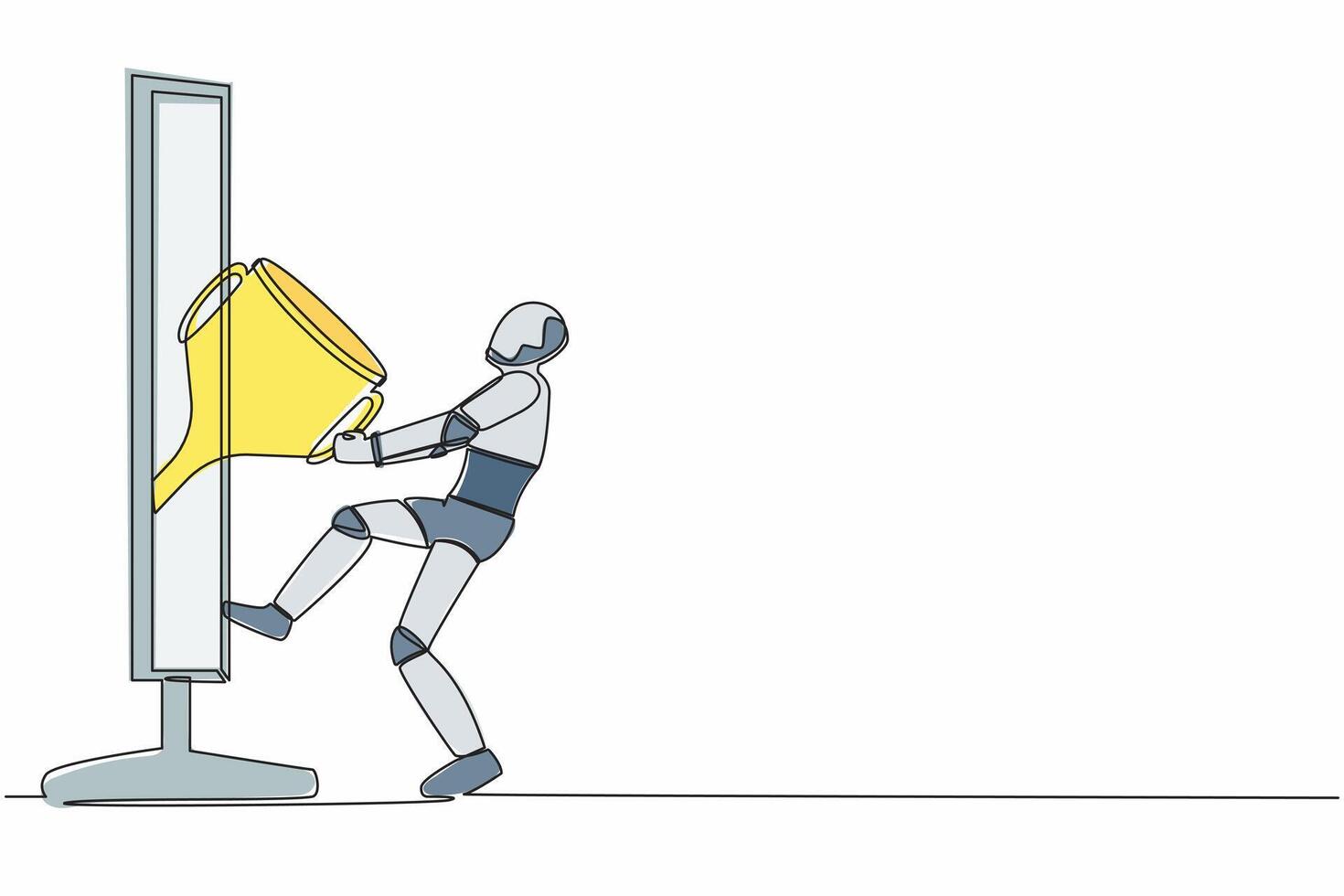 continuo uno linea disegno robot Tirare su trofeo tazza a partire dal computer schermo. premio su vincente concorrenza. umanoide cibernetico organismo. robotica sviluppo. singolo linea disegnare design vettore illustrazione