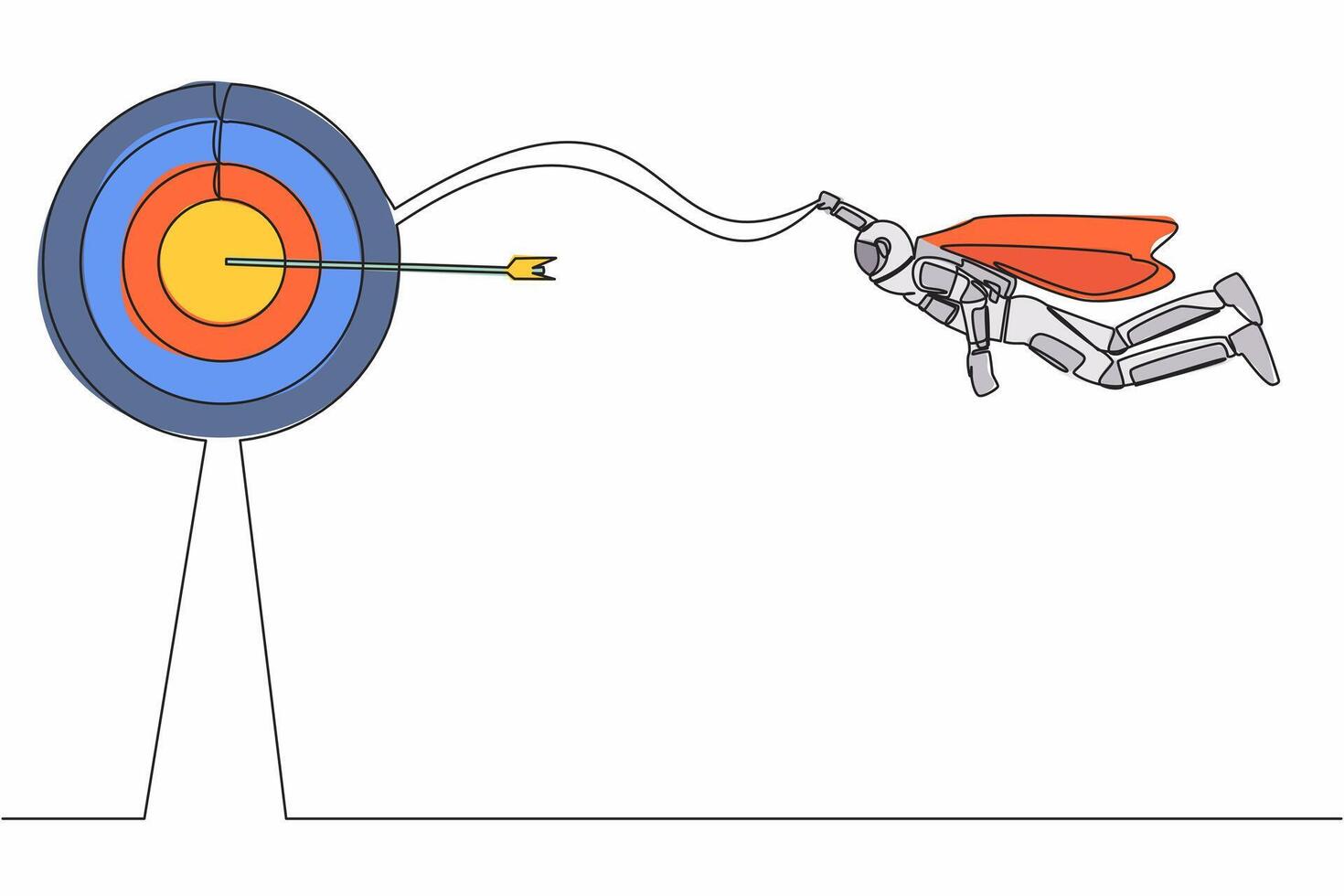 singolo uno linea disegno super astronauta nel mantello volante su per obbiettivo. successo nel navicella spaziale attività commerciale industria. obbiettivo risultato. cosmico galassia spazio. continuo linea grafico design vettore illustrazione