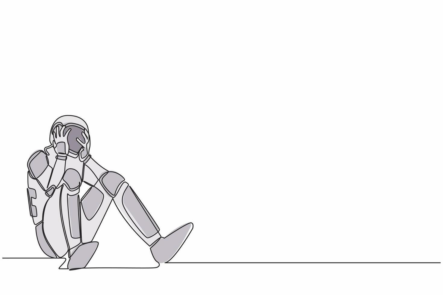 singolo continuo linea disegno di astronauta seduta su il pavimento con Tenere il suo testa. sensazione triste dovuto per passeggiata nello spazio progetto fallimento. cosmonauta in profondità spazio. uno linea grafico design vettore illustrazione