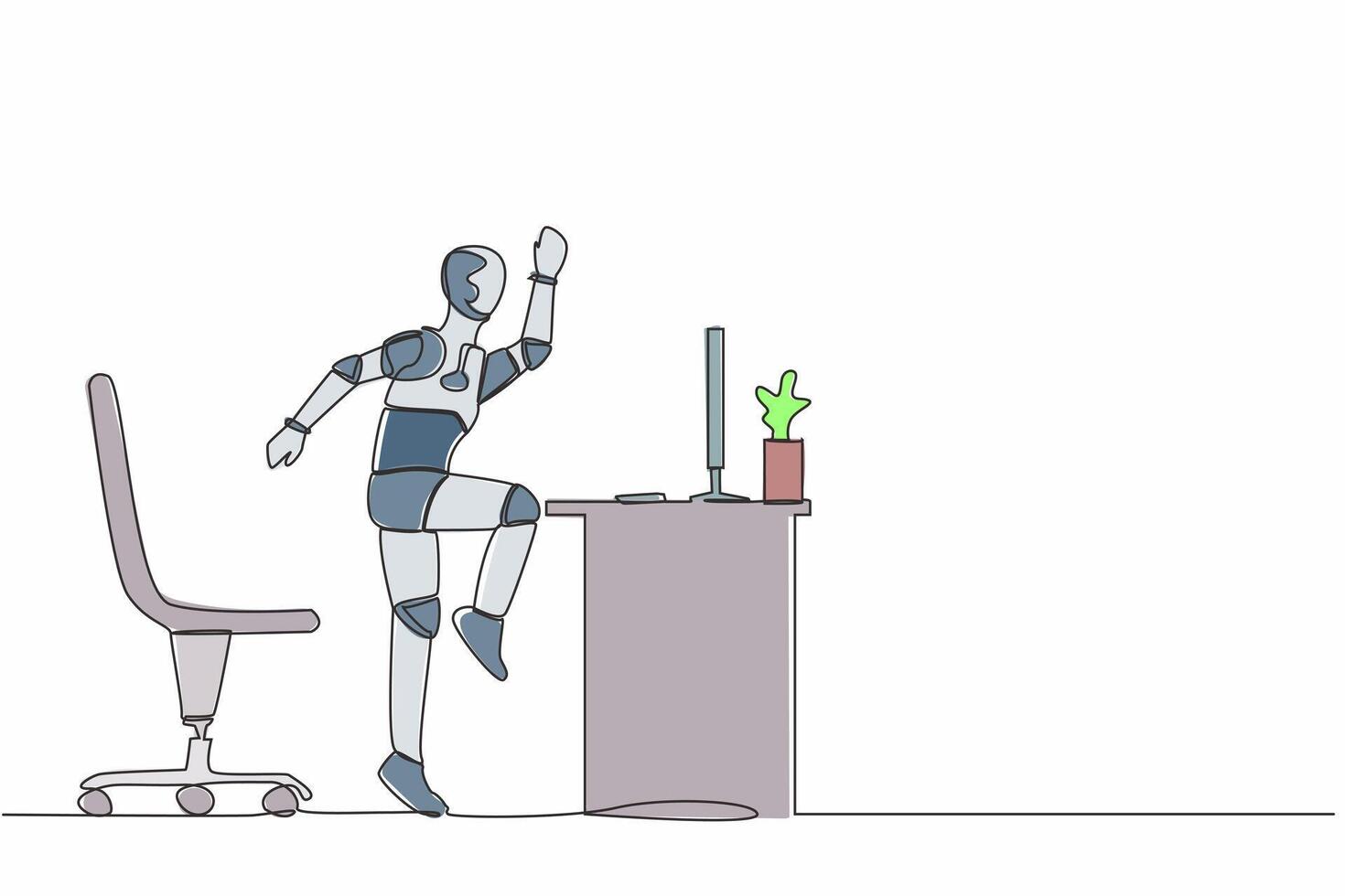 singolo continuo linea contento robot salto e danza su il suo posto di lavoro, computer scrivania. festeggiare successo. artificiale intelligenza macchina apprendimento processi. uno linea disegnare design vettore illustrazione