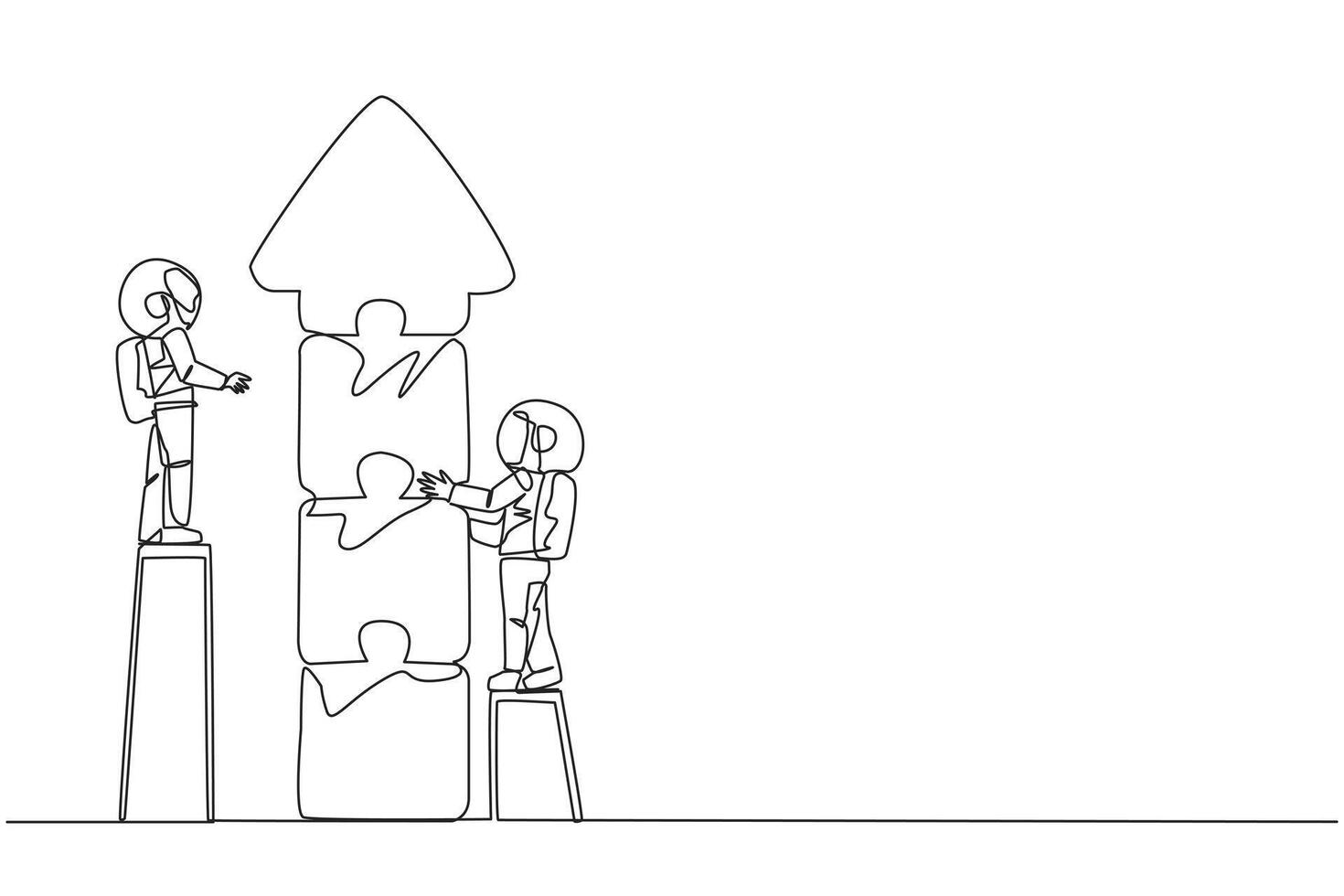 continuo uno linea disegno Due robot fare lavoro di squadra insieme. arrampicata il scale, il Due mettere insieme puzzle per modulo un freccia su. cosmico galassia concetto. singolo linea disegnare design vettore illustrazione