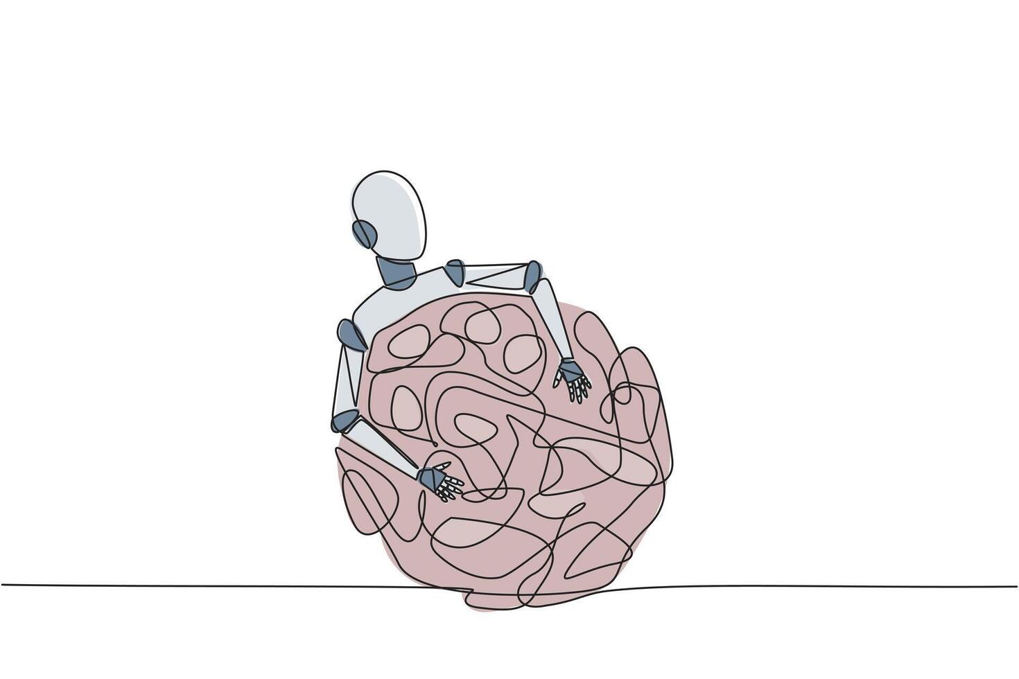 singolo uno linea disegno robot abbracciare ingarbugliato cerchio. è un' lungo processi quello fa ansia per avere successo di fabbricazione il Perfetto robot. futuro tecnologia. continuo linea design grafico illustrazione vettore