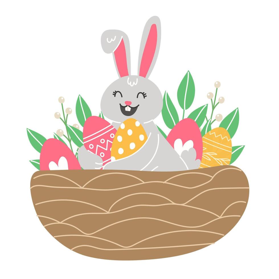 Pasqua illustrazione con dipinto uova nel un' nido per il vacanza nel un' cartone animato stile vettore