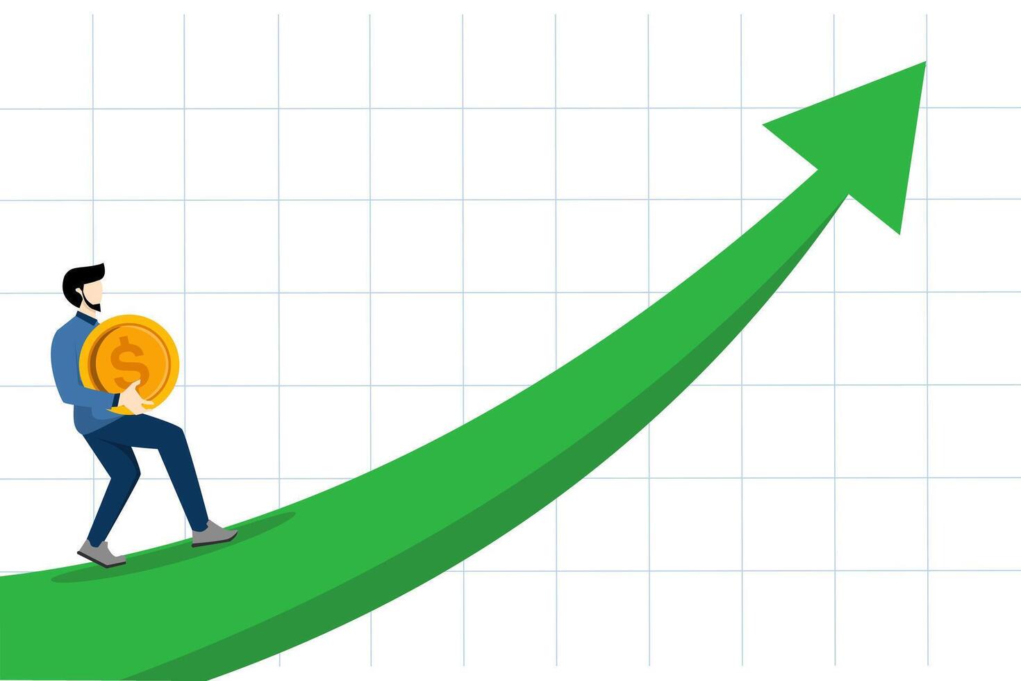 concetto di aumentare nel i saldi, crescita di stipendio o reddito, concetto di finanziario prosperità, investimento crescita o reddito e profitto aumento, forte uomo d'affari investitore trasporto oro moneta i soldi grafico. vettore