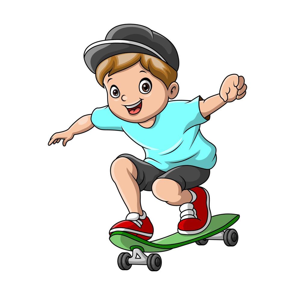 carino poco ragazzo cartone animato giocando skateboard vettore