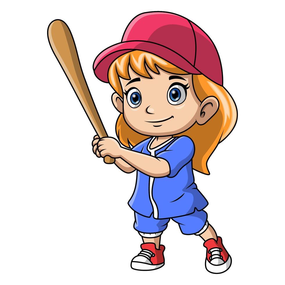 carino poco ragazza cartone animato giocando un' baseball vettore