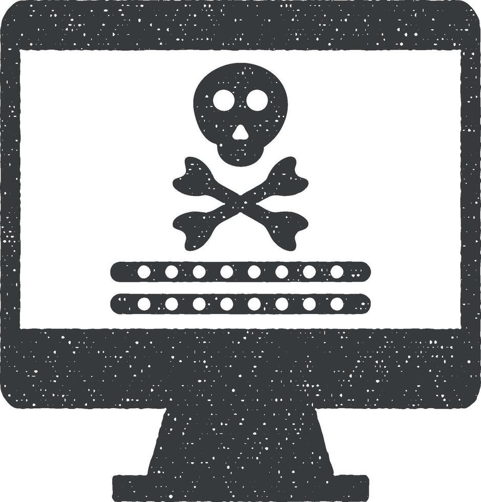 informatica attacco schermo, virus crittografia, ransomware computer virus, rischio virus notifica, sconosciuto virus vettore icona illustrazione con francobollo effetto
