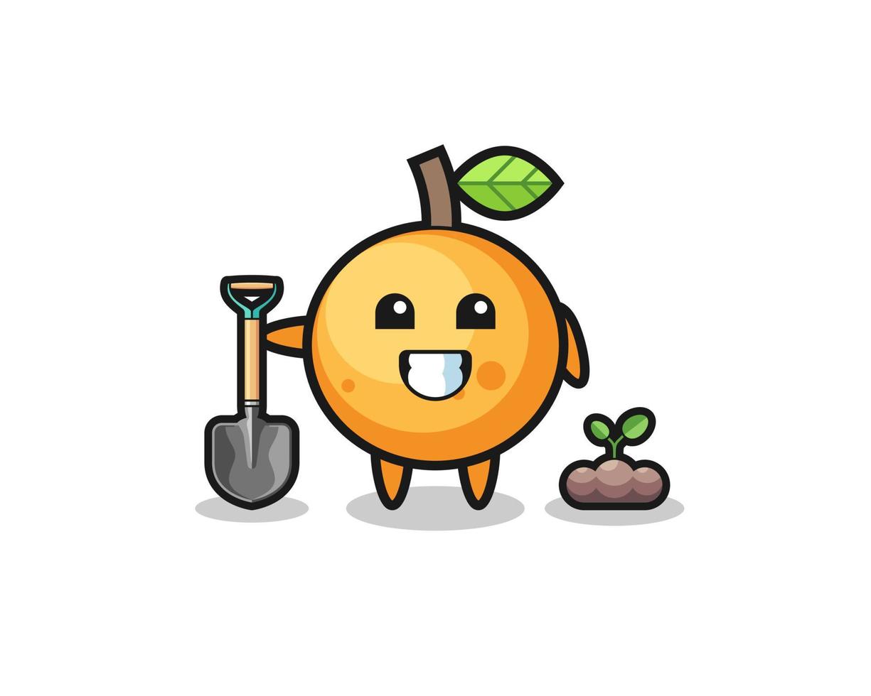 simpatico cartone animato di frutta arancione sta piantando un seme di albero vettore
