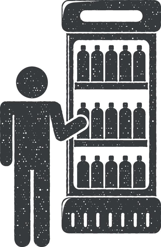 un' uomo a il frigo con bevande vettore icona illustrazione con francobollo effetto