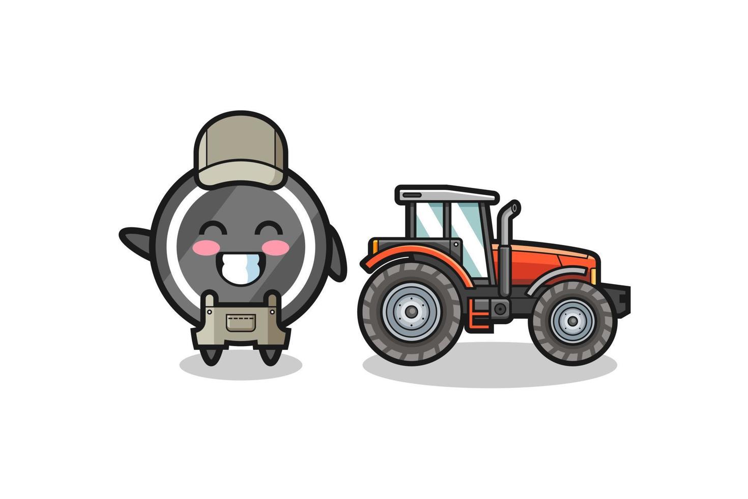 la mascotte del contadino del disco da hockey in piedi accanto a un trattore vettore