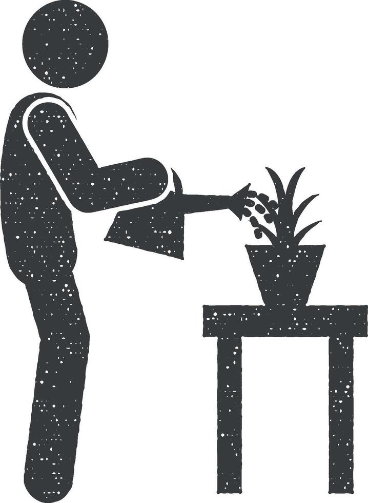 uomo irrigazione di fiore vettore icona illustrazione con francobollo effetto
