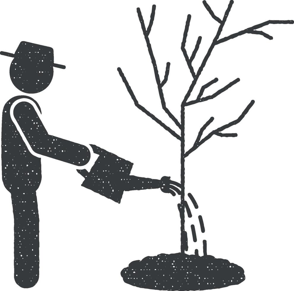 uomo irrigazione di albero vettore icona illustrazione con francobollo effetto