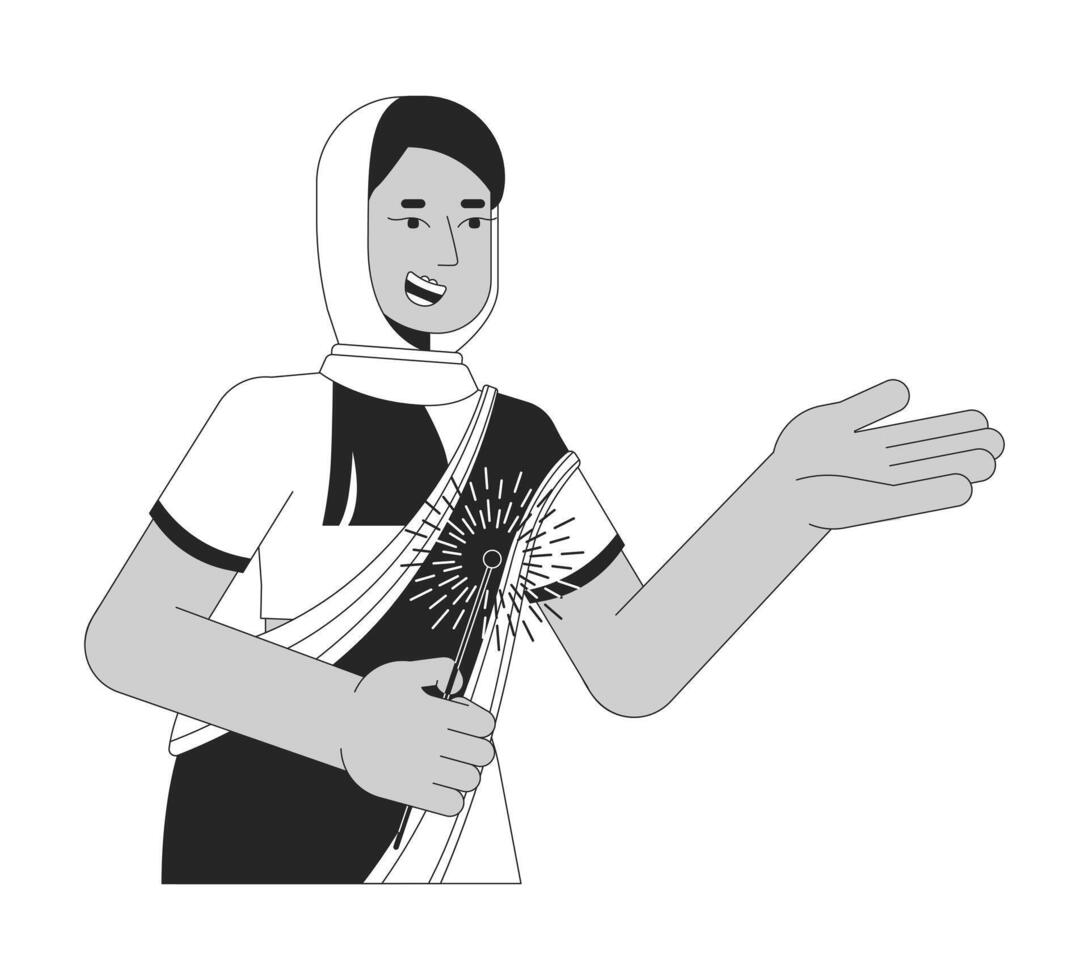 sciarpa hijab donna Tenere sparkler nero e bianca 2d linea cartone animato carattere. musulmano giovane adulto isolato vettore schema persona. indù Festival di luci deepawali monocromatico piatto individuare illustrazione