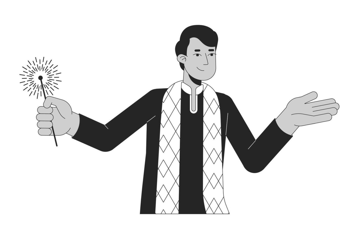 Sud indiano dhoti uomo Tenere sparkler nero e bianca 2d linea cartone animato carattere. giovane adulto maschio isolato vettore schema persona. Festival di luci deepawali monocromatico piatto individuare illustrazione