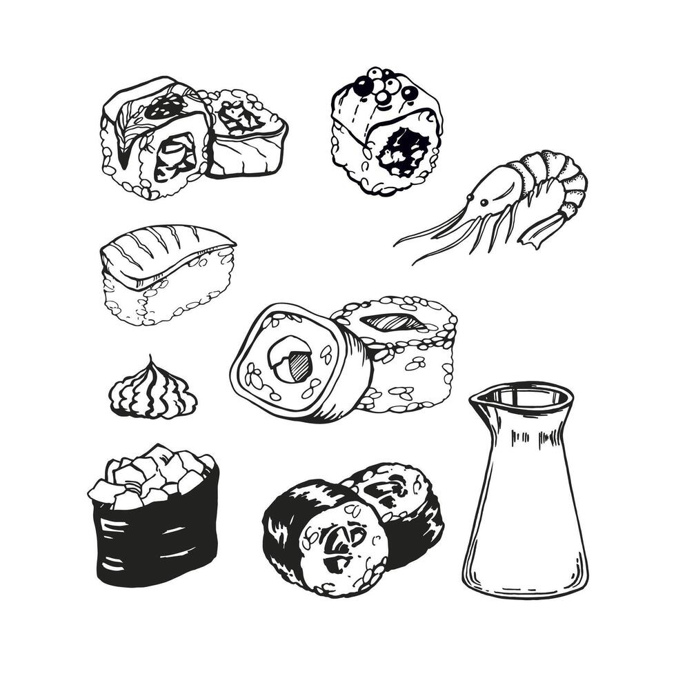 vettore illustrazione di giapponese cibo tema con rotoli, Sushi, sashimi, soia salsa, gamberetto, wasabi, impostato di mano disegnato inchiostrato monocromatico schizzo di frutti di mare isolato su bianca sfondo