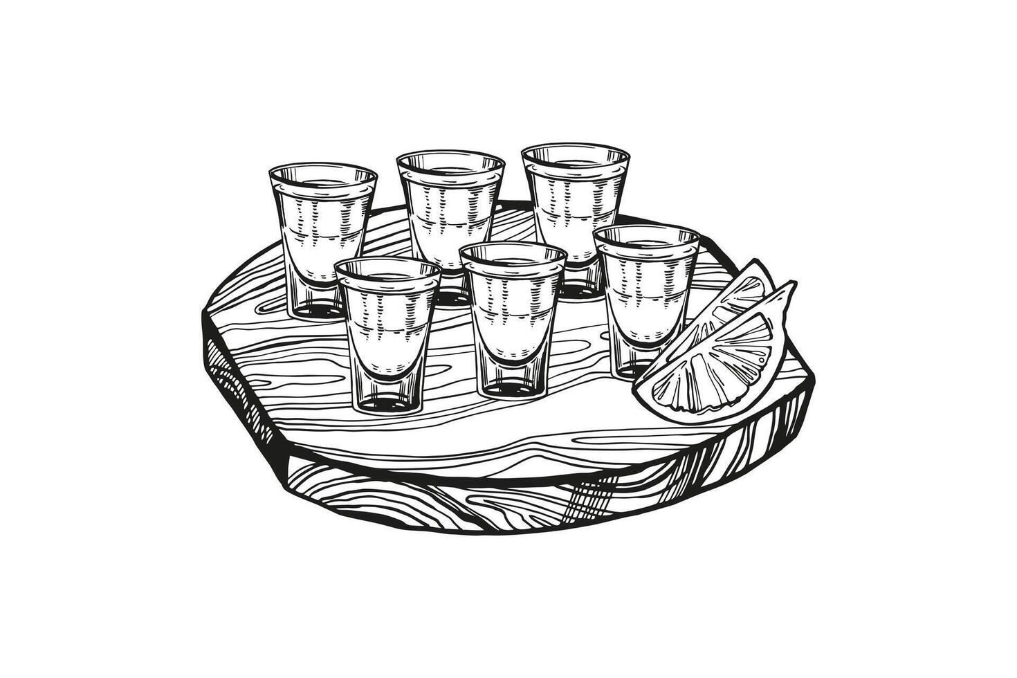 impostato di vettore tiro bicchieri per alcolizzato bevande su di legno tavola e fette di Limone, mano disegnato schizzo di tiro bicchieri per forte alcol, nero e bianca inchiostrato illustrazione isolato, bianca sfondo