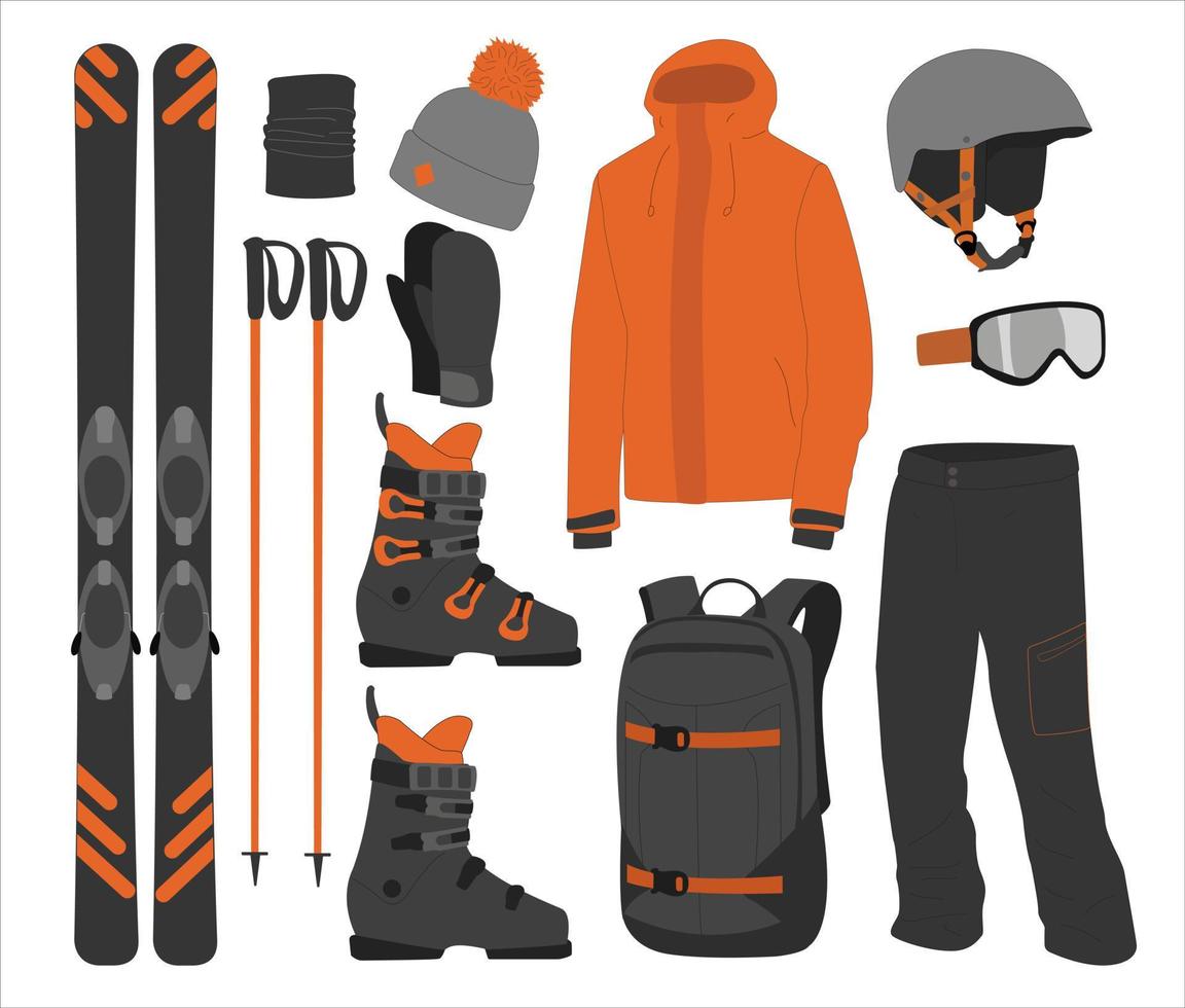 kit attrezzatura da sci abbigliamento uomo. sport invernale estremo. mettere gli sci. vacanze, attività o viaggi sport montagna ricreazione fredda. vettore