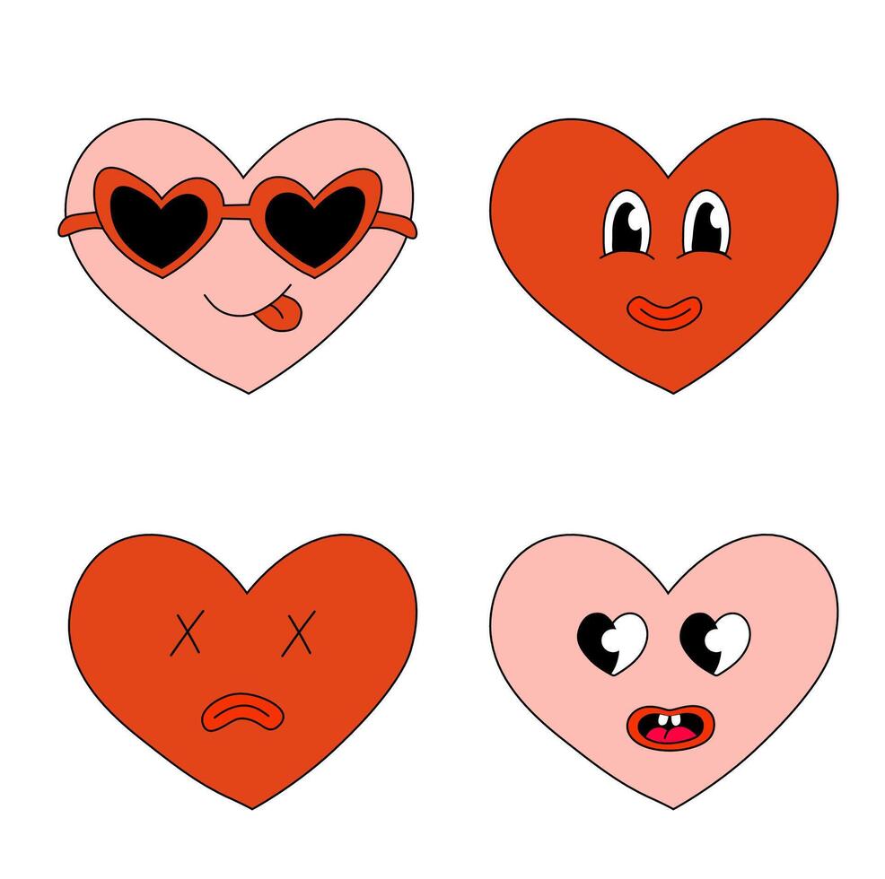 impostato cuori personaggi per San Valentino giorno. cuori nel occhiali da sole, Sorridi e triste morto. portafortuna nel Groovy e y2k stile. vettore cartone animato illustrazione.