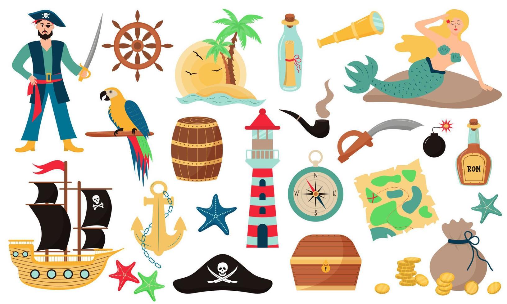 pacco pirata. collezione di oggetti pirata vettore