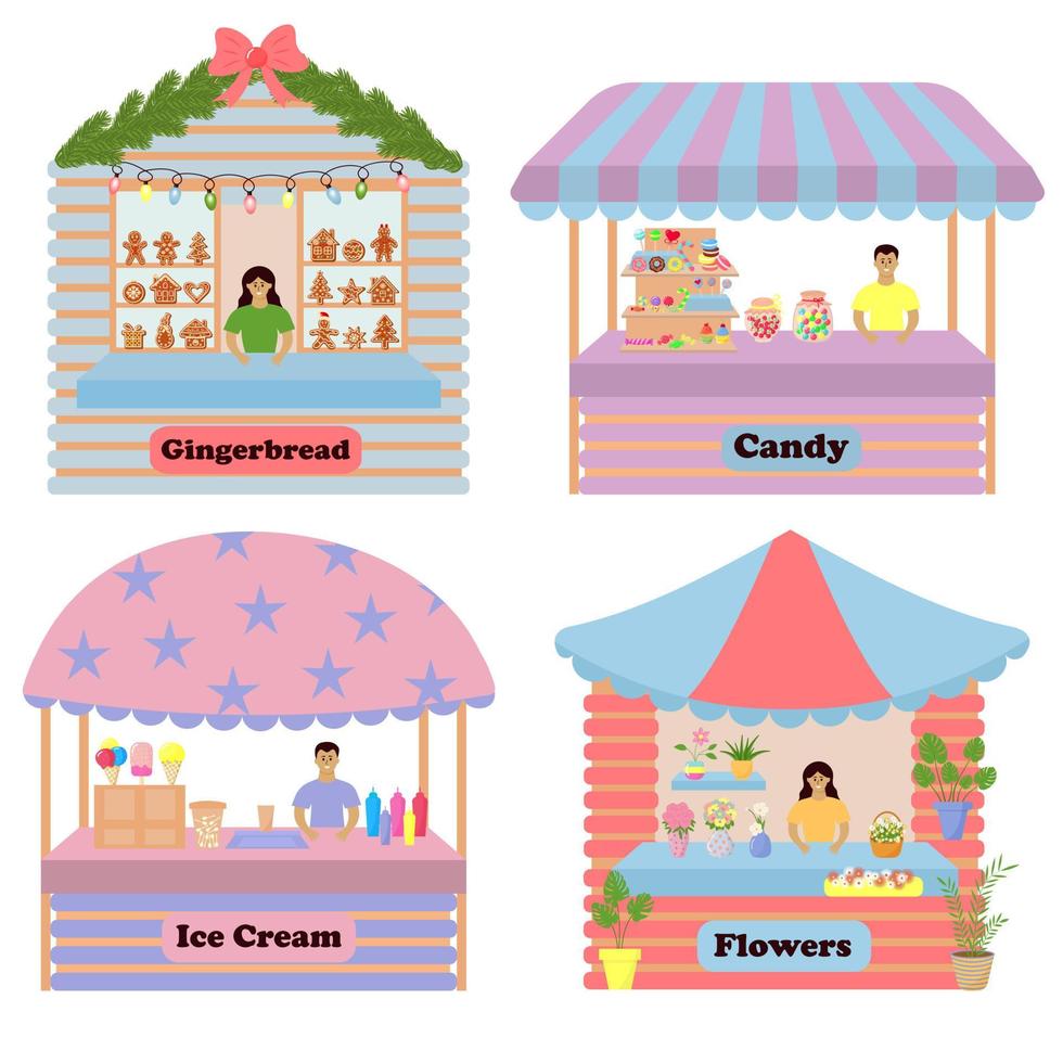 set di banchi di bancarella in una fiera che vende caramelle assortite, pan di zenzero, gelati, piante e fiori con i venditori. vettore