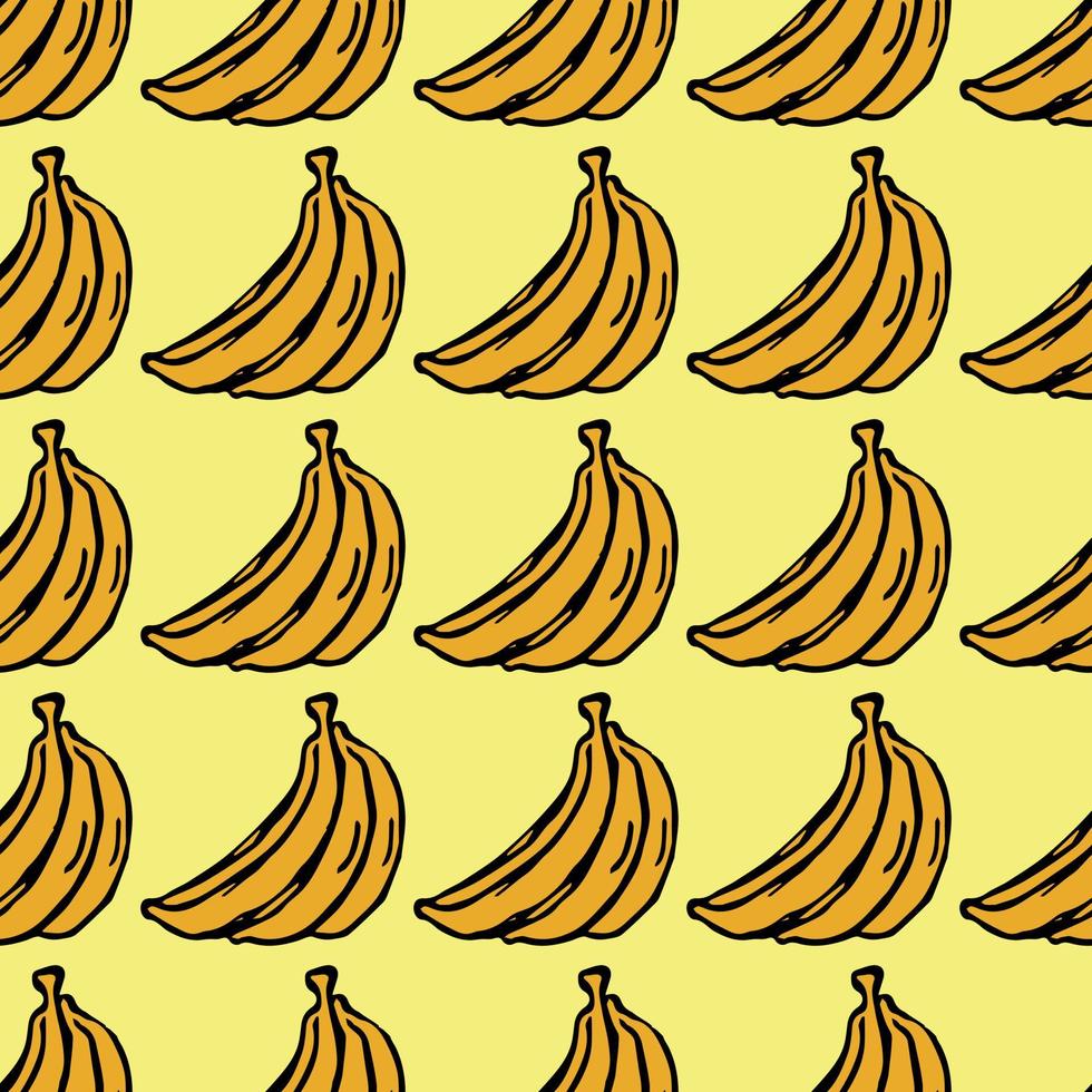 modello vettoriale banana senza soluzione di continuità. scarabocchiare vettore con icone di banana su sfondo giallo. motivo vintage a banana, sfondo di elementi dolci per il tuo progetto, menu, caffetteria.