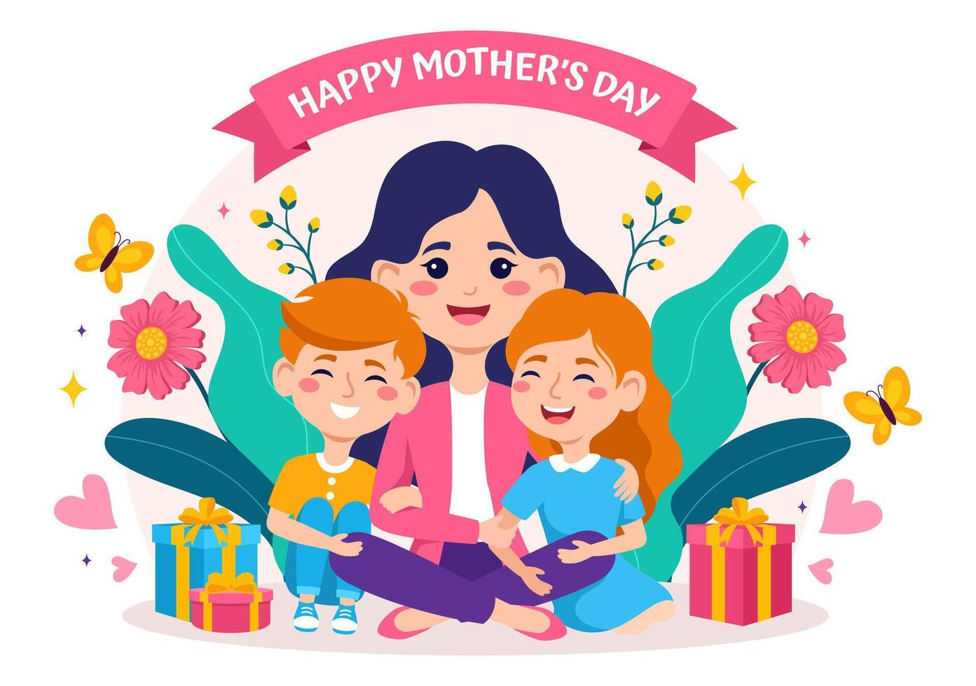 contento madre giorno vettore illustrazione di affetto per bambino e bambini a partire dal madri con fiore e regalo concetto nel piatto cartone animato sfondo design