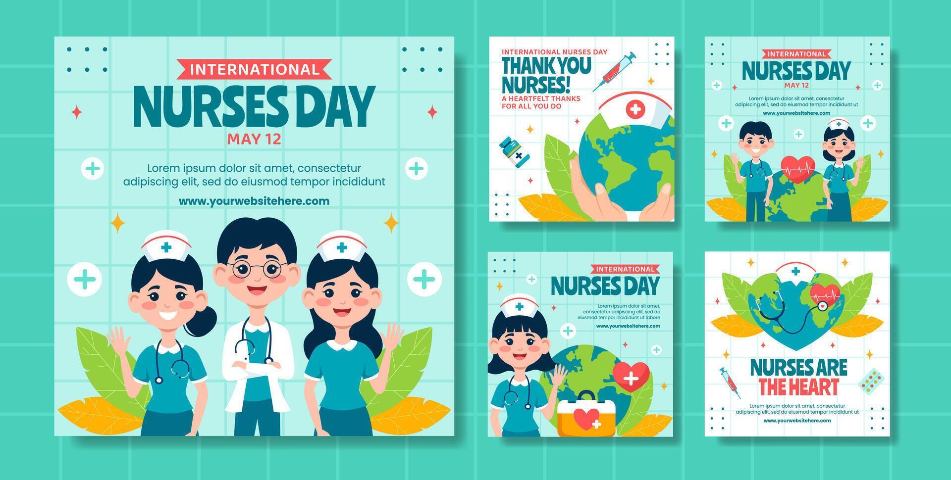 infermieri giorno sociale media inviare piatto cartone animato mano disegnato modelli sfondo illustrazione vettore