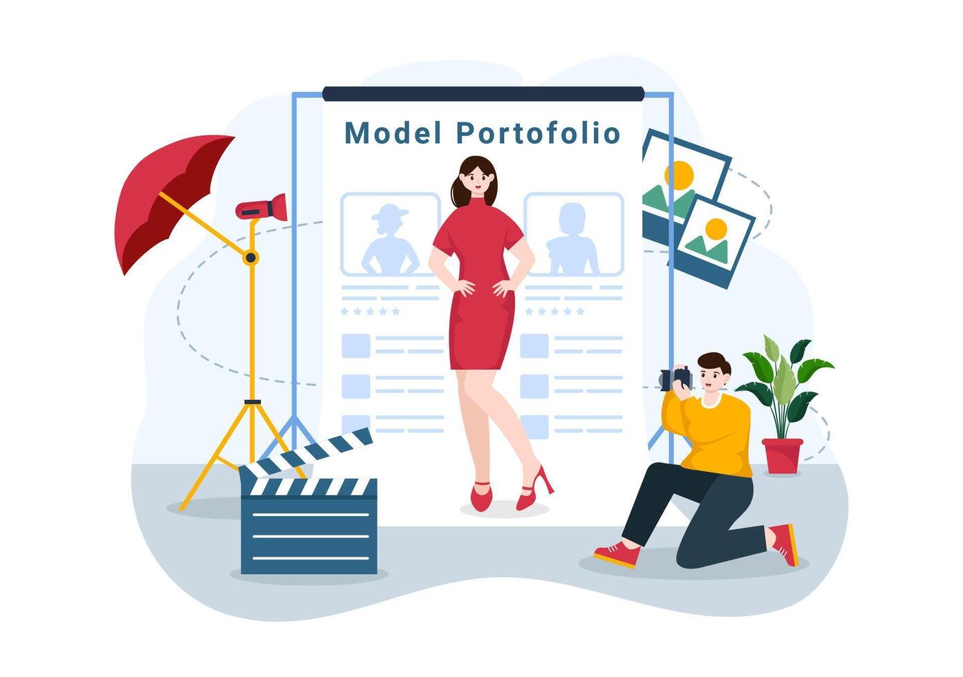 modello portafoglio vettore illustrazione con modellismo agenzia manager e fotografo prendere fotografie di modello nel piattaforma piatto cartone animato sfondo design