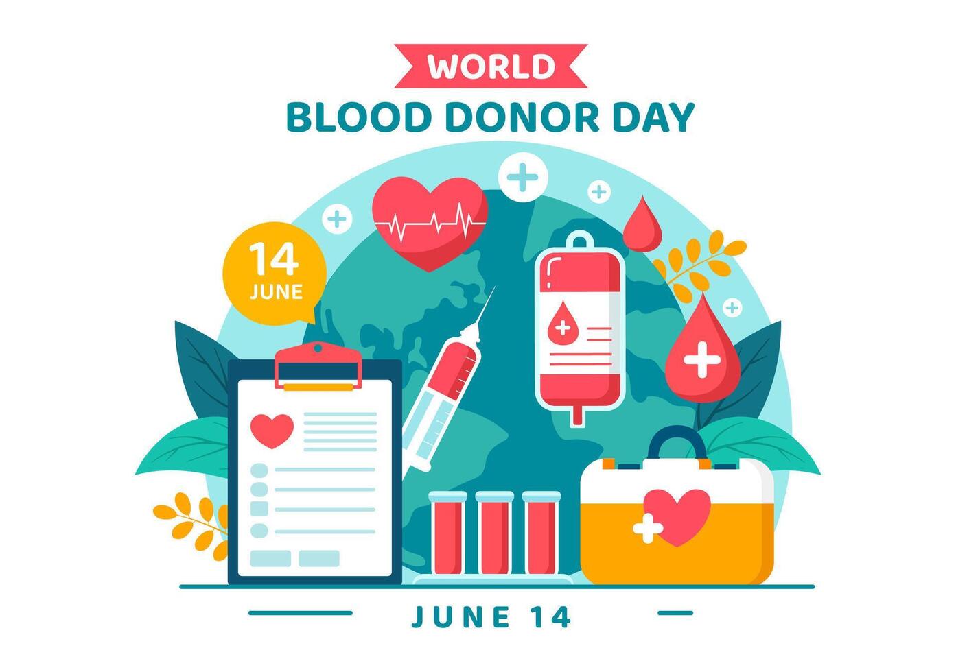 mondo sangue donatore giorno vettore illustrazione su giugno 14 con umano donato bloods per dare il destinatario nel Salva vita nel piatto cartone animato sfondo