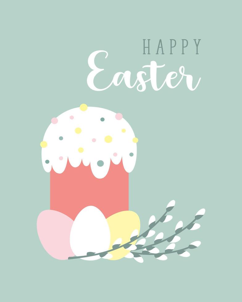 contento Pasqua carta su pastello sfondo con decorato kulich torta e uova, salice rami con soffice mini cuffie. vettore