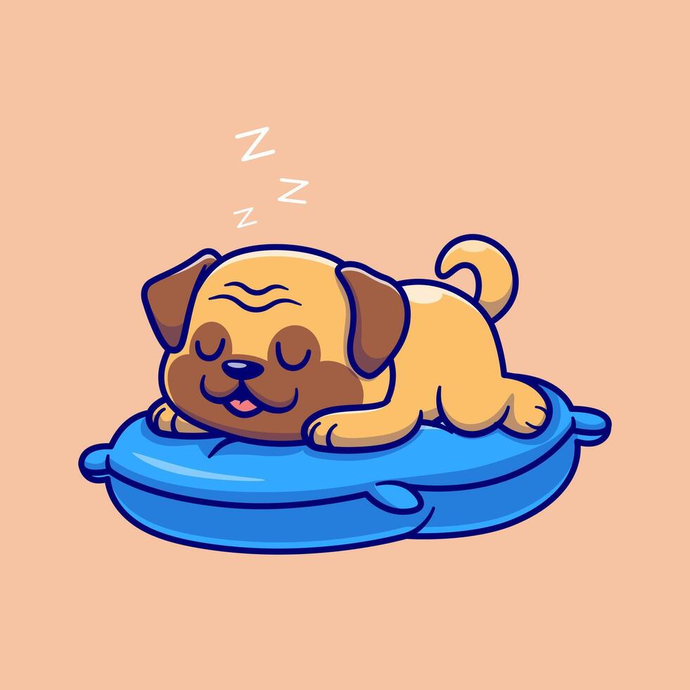 carino carlino cane addormentato su cuscino cartone animato vettore icona illustrazione. animale natura icona concetto isolato premio vettore. piatto cartone animato stile