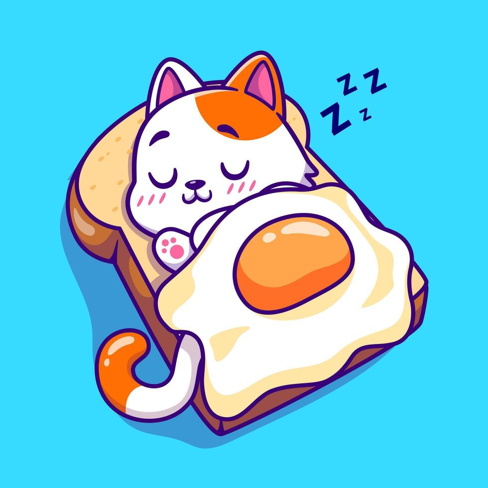 carino gatto addormentato su pane con uovo coperta cartone animato vettore icona illustrazione. animale cibo icona concetto isolato premio vettore. piatto cartone animato stile