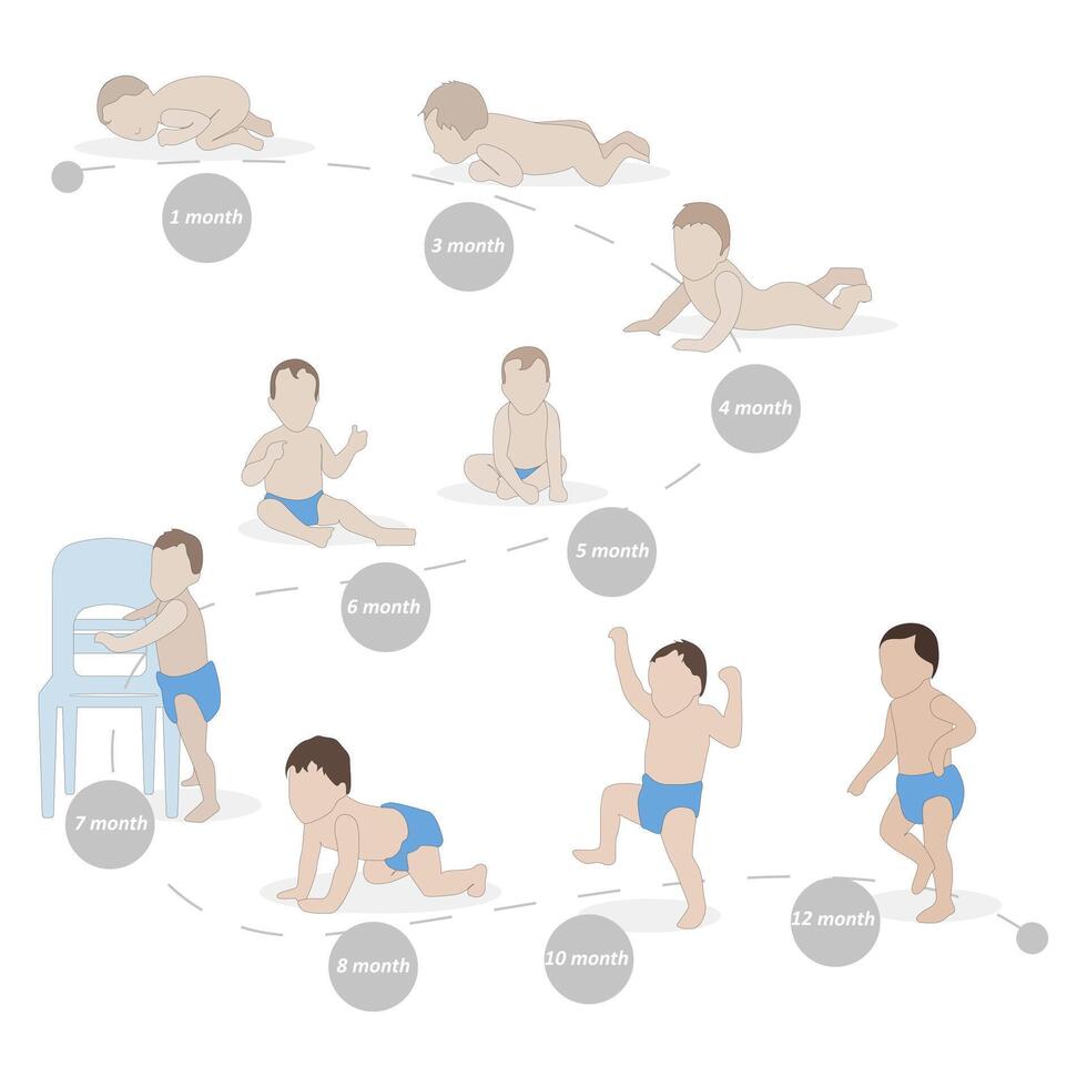 stadi di in crescita e sviluppo bambino, vettore crescita bambino che fa i primi passi, età processi su, infanzia e neonato. illustrazione di bambino crescita, strisciando e camminare, giocando processi, primo passo e su