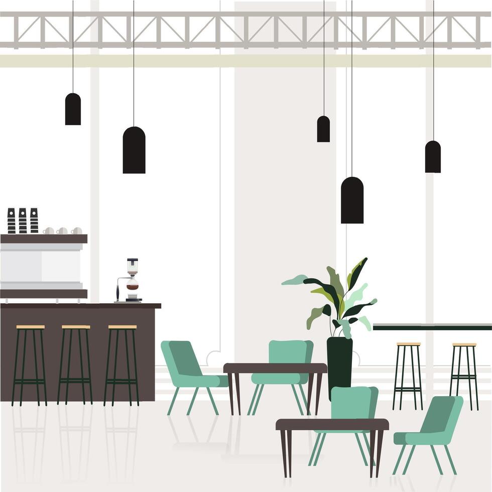 vuoto interno bar, caffetteria design con bar contatore e posto per clienti. sala vuoto per attività commerciale incontro e collaborazione, illustrazione caffè con scrivania fot posto di lavoro, bar ufficio vettore