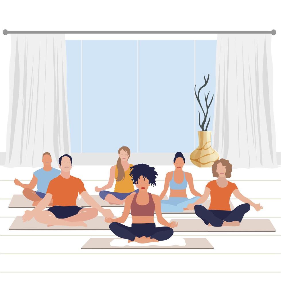 meditare yoga classe, calma esercizio e relax. vettore attività buddismo, personaggio tipo e donna su yoga lezione, illustrazione posa rilassare asana yoga meditazione