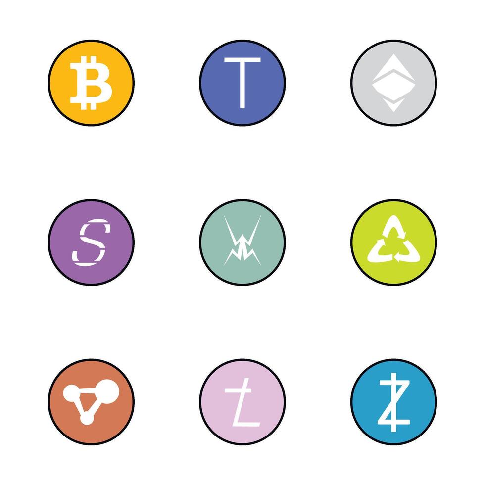 impostato di badge criptovaluta monete piatto, bitcoin e crypto monete di logo. vettore illustrazione. crypto moneta simbolo, didattico commercio, ragnatela progettare, e-business Rete, cerchio oro emblema