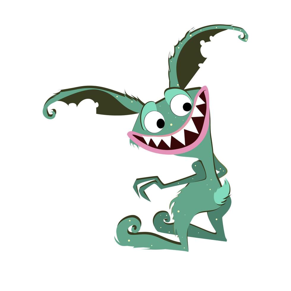 dalle orecchie gremlin sorridente isolato su bianca sfondo. vettore mostro folletto carattere, alieno gremlino, bizzarro mascotte, carino abile Guarda illustrazione per Halloween vacanza