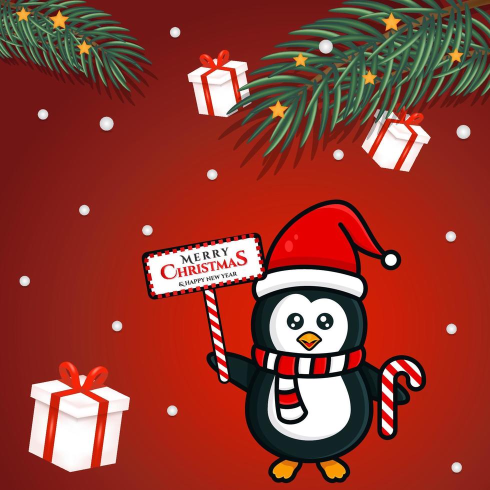 auguri di buon natale e felice anno nuovo, modello di banner con pinguino vettore
