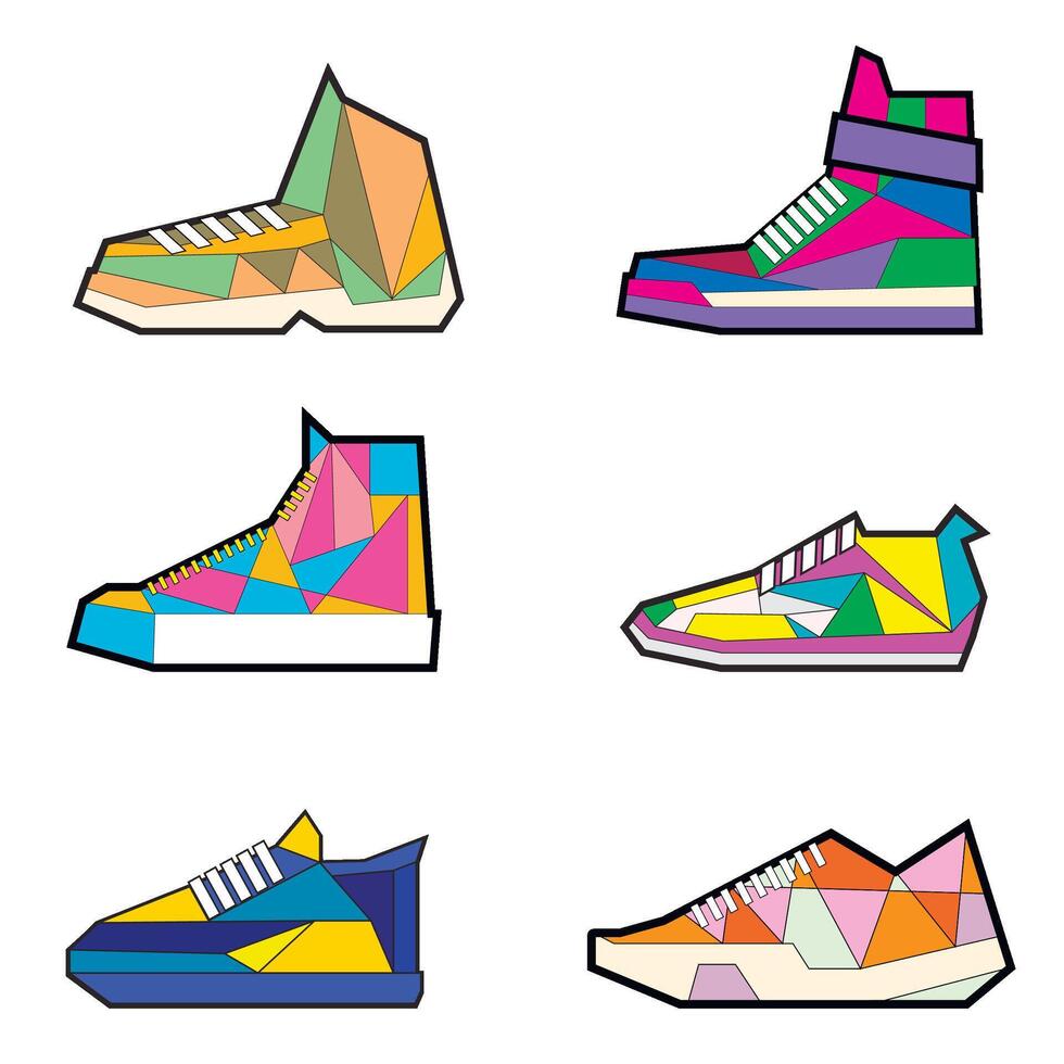 collezione di triangolare scarpe da ginnastica, moderno design per in esecuzione jogging, riciclato scarpe. vettore, illustrazione. insolito disegno, luminosa astratto disegno, arte nel moderno Abiti, triangoli vettore