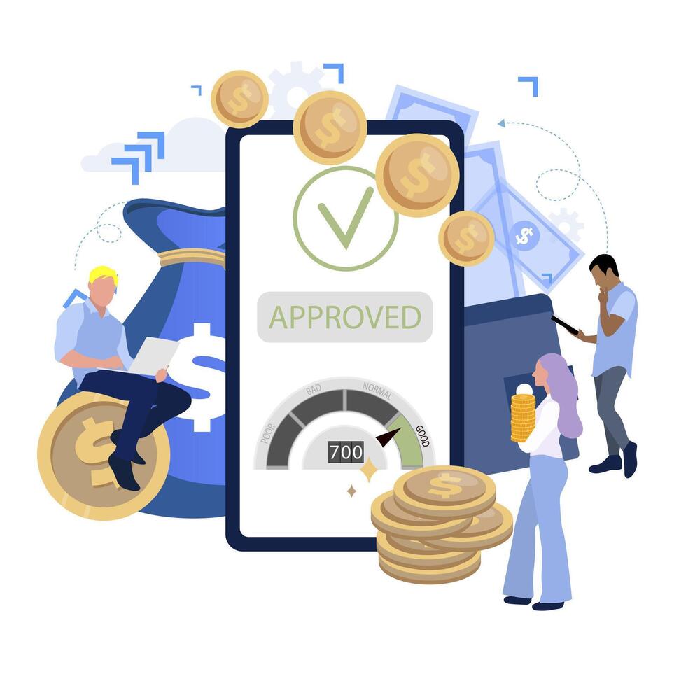 approvato prestito, banca applicazione per ottenere subito credito Contanti. rapporto e accordo nel mobile bancario, credito applicazione, prestito banca approvazione, vettore illustrazione